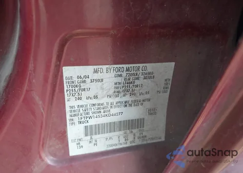 2004 Ford F-150 Fx4/Lariat/Xlt из США, поврежденный, VIN 1FTPW14534KD44277